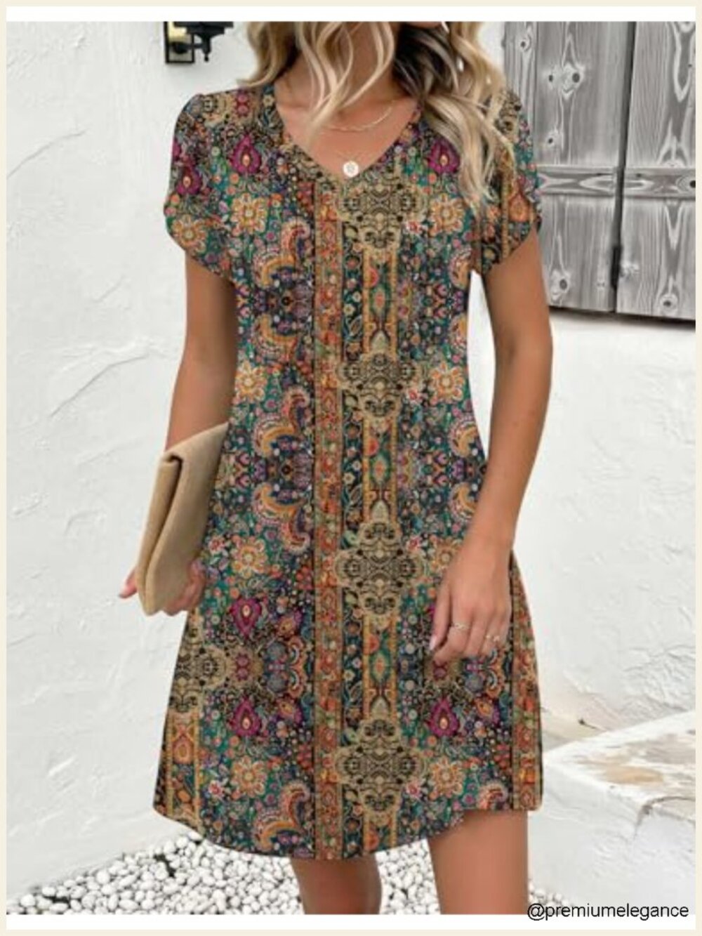 Womens V-Neck A-Line Pleated Dress Short Sleeve Knee Length Boho Casual Sundress - Picture 2 of 6